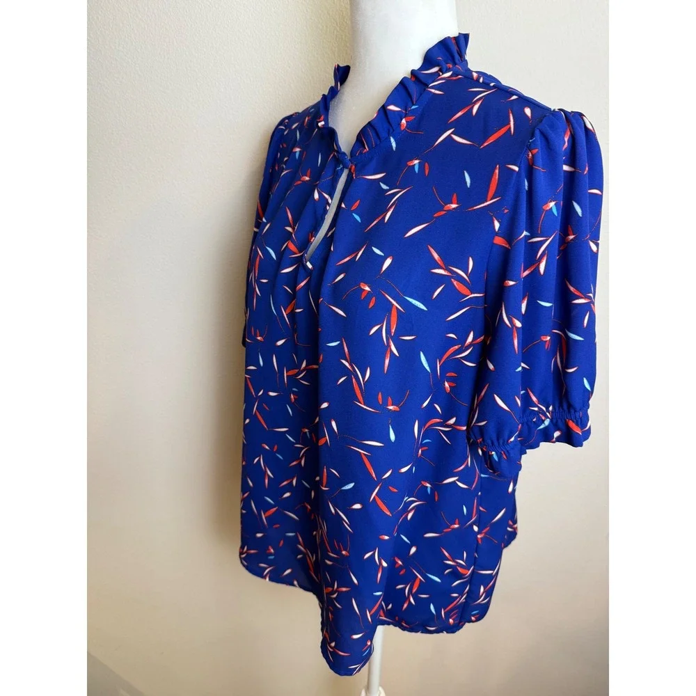 Banana Republic Blue Ruffle High Neck Puff Sleeve Abstract Leaf Print Blouse Top